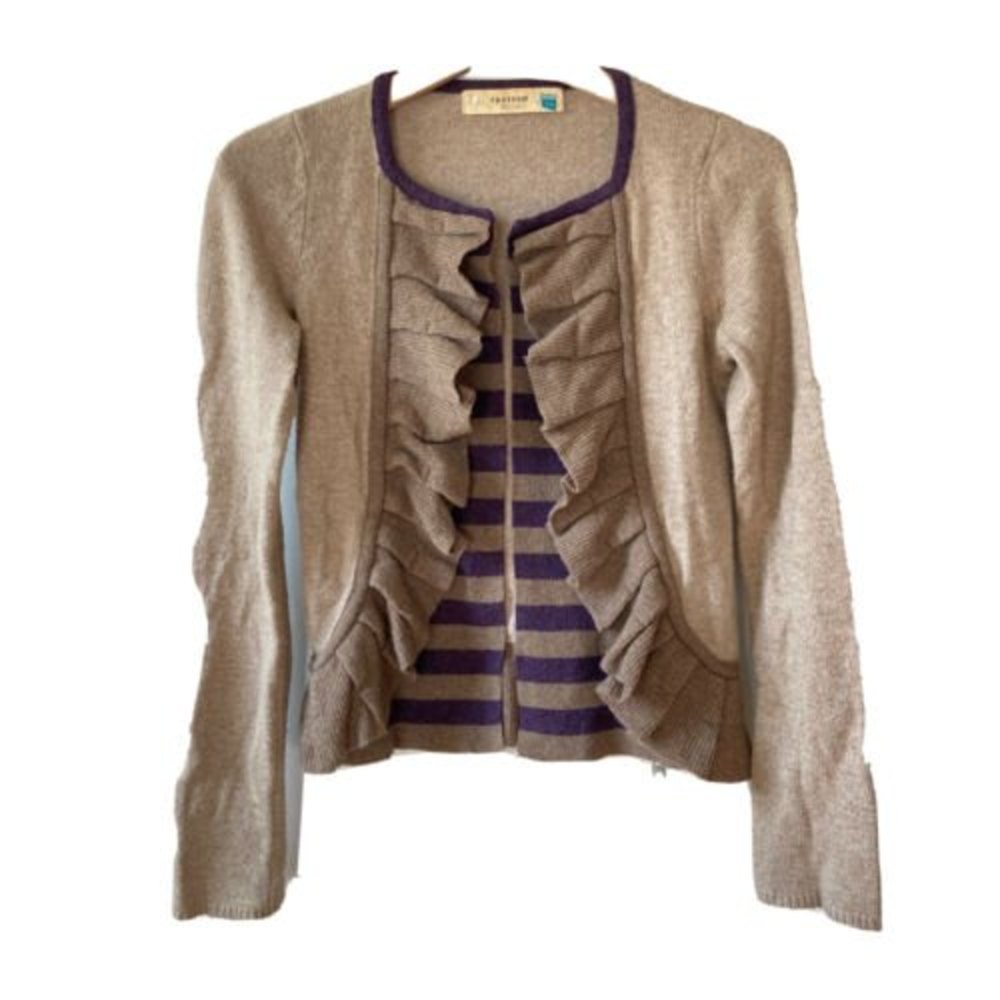 Anthropologie Sparrow Brown Ruffled Masked Stripes Long Sleeve Open Cardigan XS